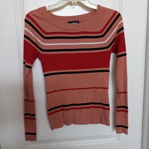 Express Striped Knit Sweater Women Sz M EUC Salmon Red Soft Rayon Blend Raglan
